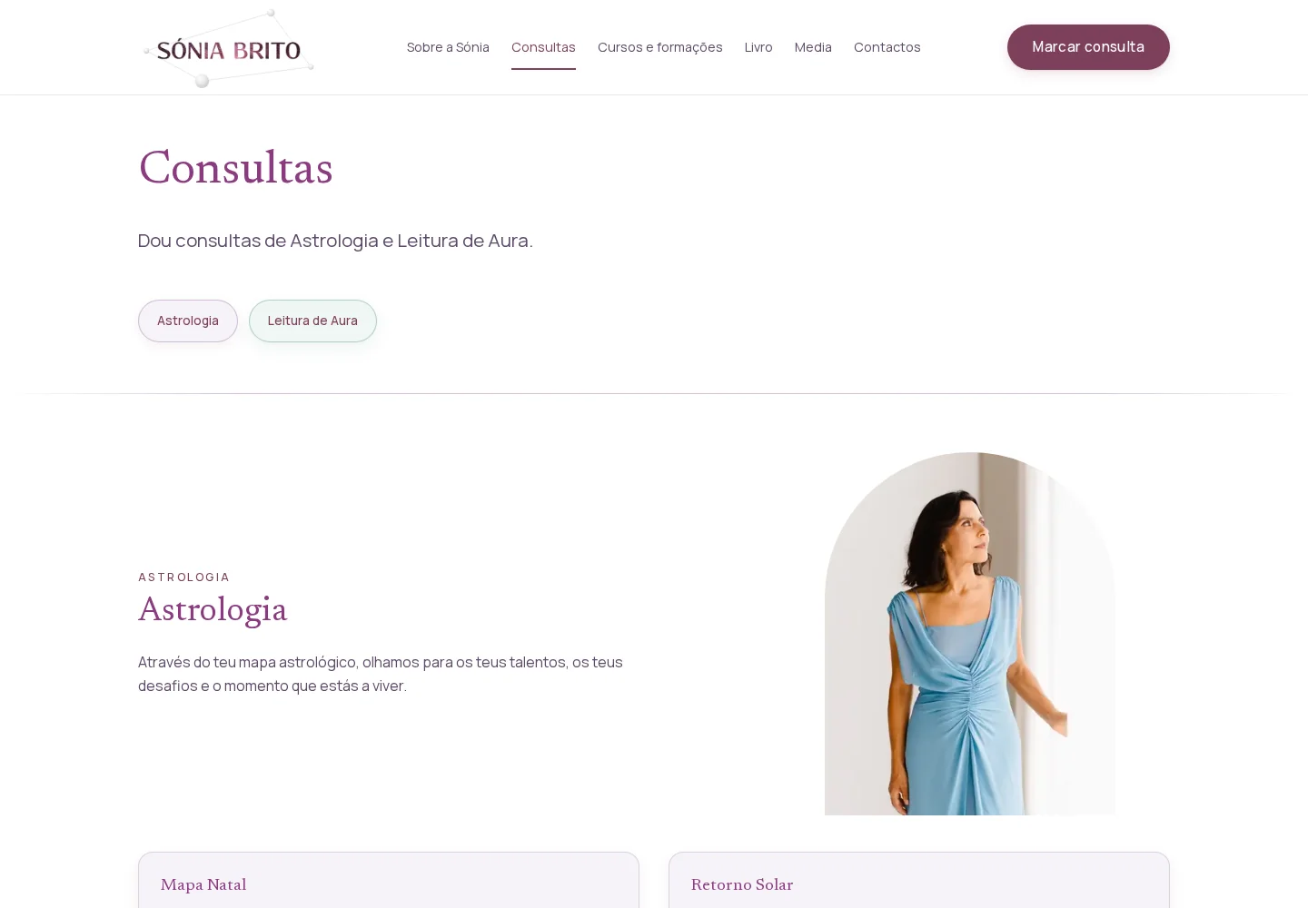 Consultas do site público de Sónia Brito, capturada em outubro de 2026.