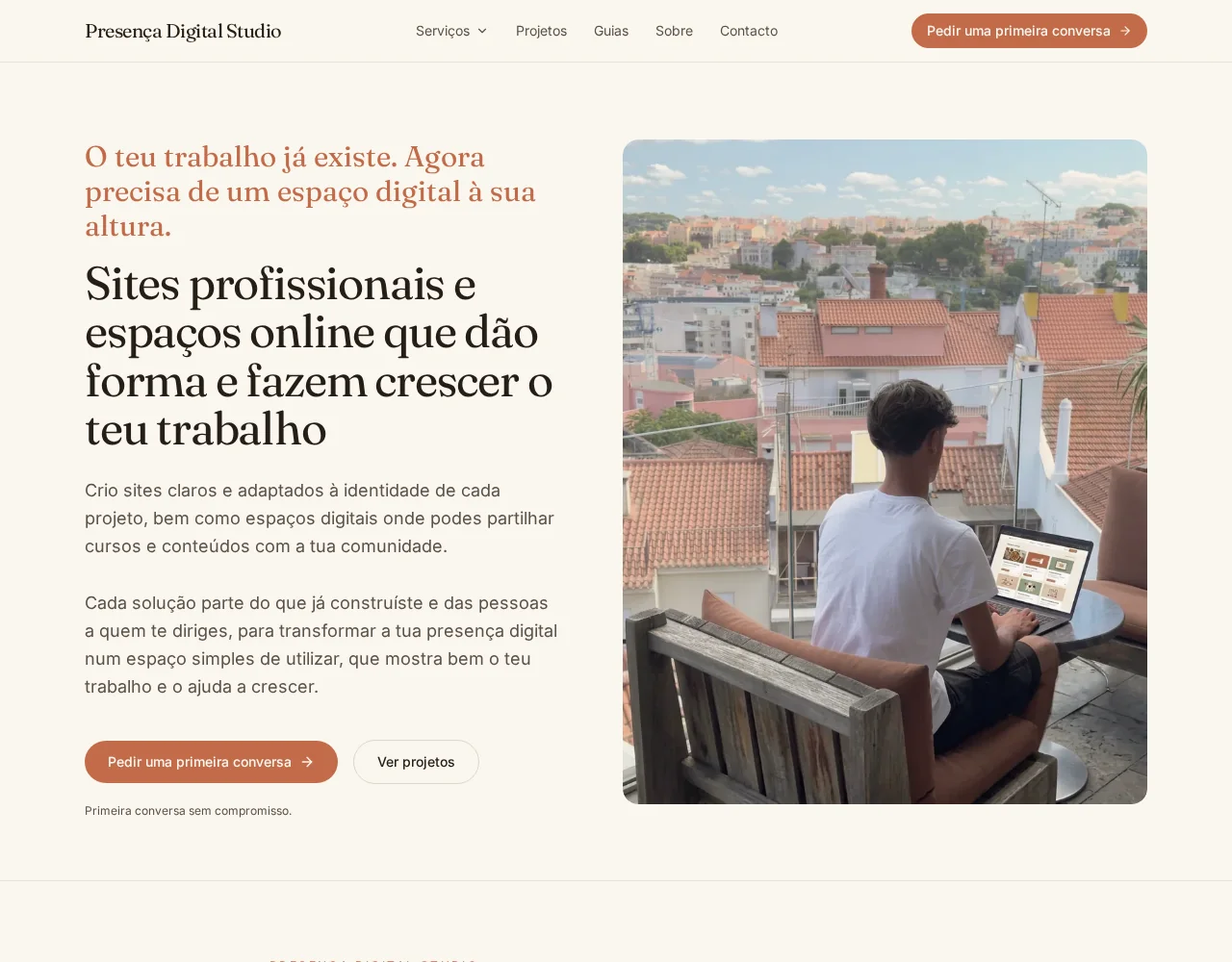 Captura de um site profissional com estrutura clara e tipografia editorial