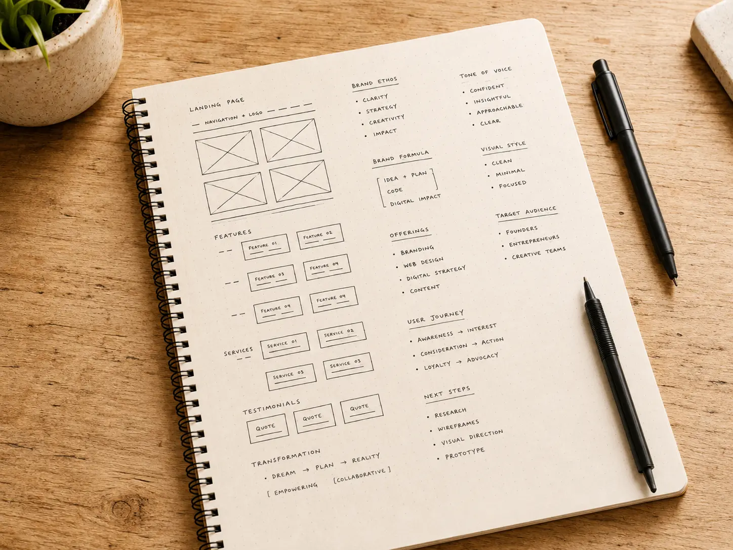 Caderno com esboços da estrutura de páginas de um site