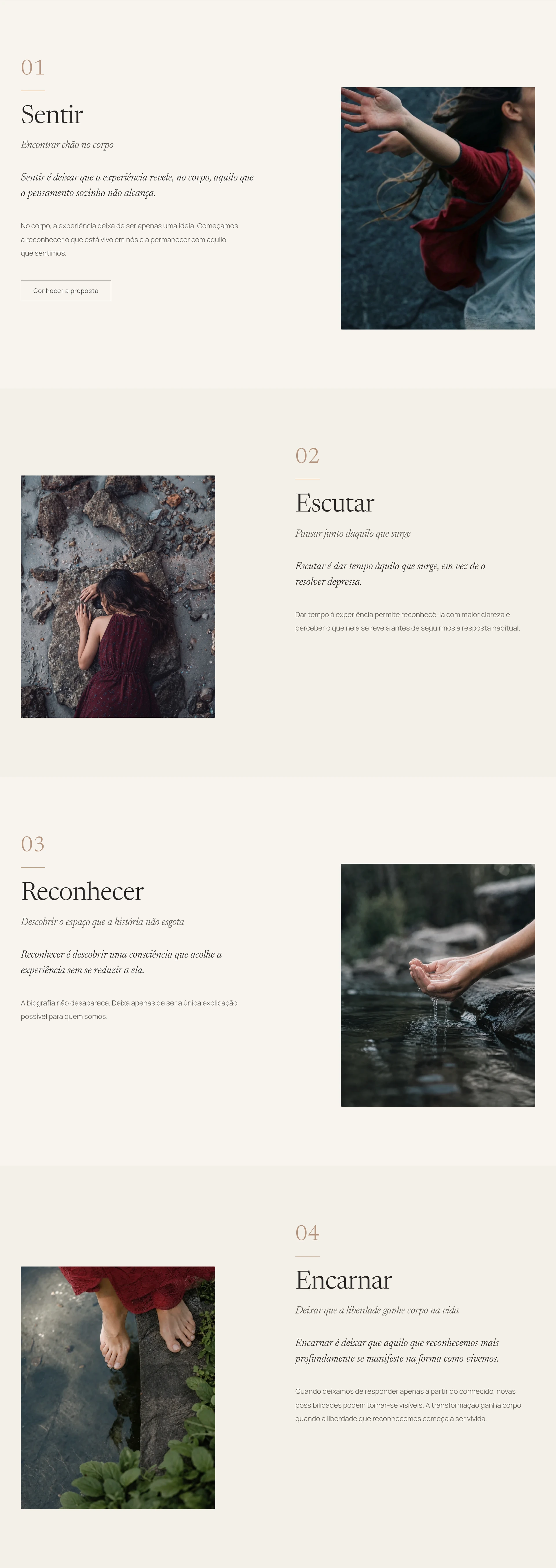 Sequência editorial dos quatro movimentos Sentir, Escutar, Reconhecer e Encarnar, com fotografias relacionadas com o corpo e a natureza, alternadas com os textos de apresentação.