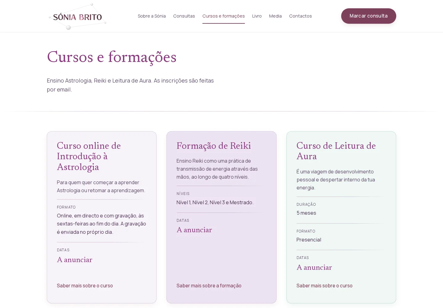 Cursos e formações do site público de Sónia Brito, capturada em outubro de 2026.