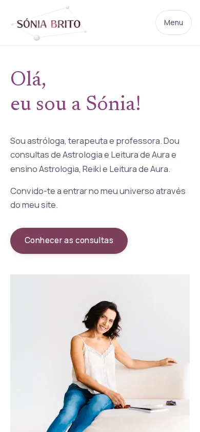 Página inicial no telemóvel do site público de Sónia Brito, capturada em outubro de 2026.