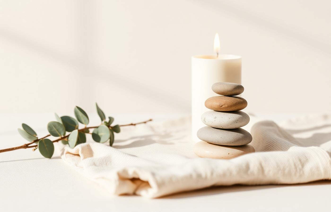 Pedras equilibradas com vela e eucalipto