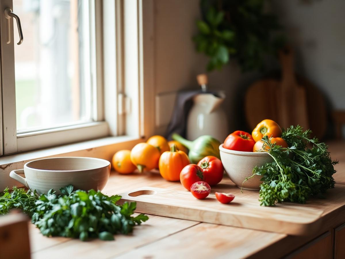 Bancada de cozinha em madeira com legumes frescos, ervas aromáticas e uma tábua, junto a uma janela