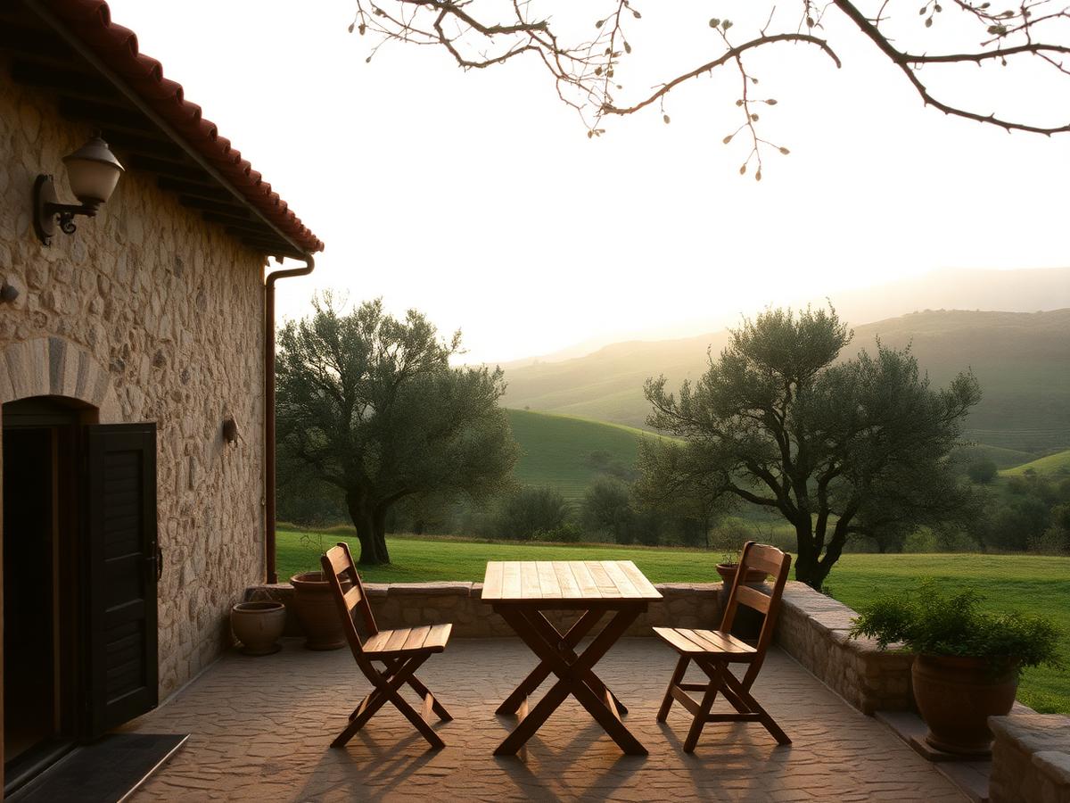Terraço de uma casa de pedra com mesa e cadeiras de madeira, oliveiras e colinas verdes ao amanhecer