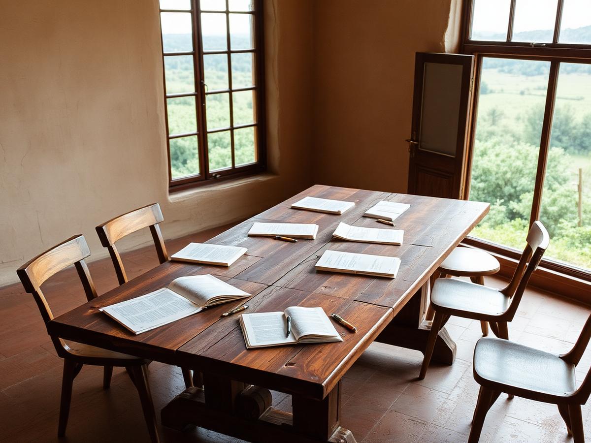 Mesa de madeira com cadernos e materiais de formação abertos, junto a janelas com vista para o campo
