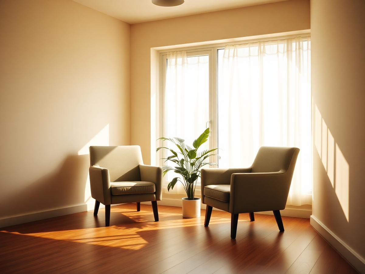 Duas poltronas frente a frente junto a uma janela com luz natural, num espaço de consulta sereno