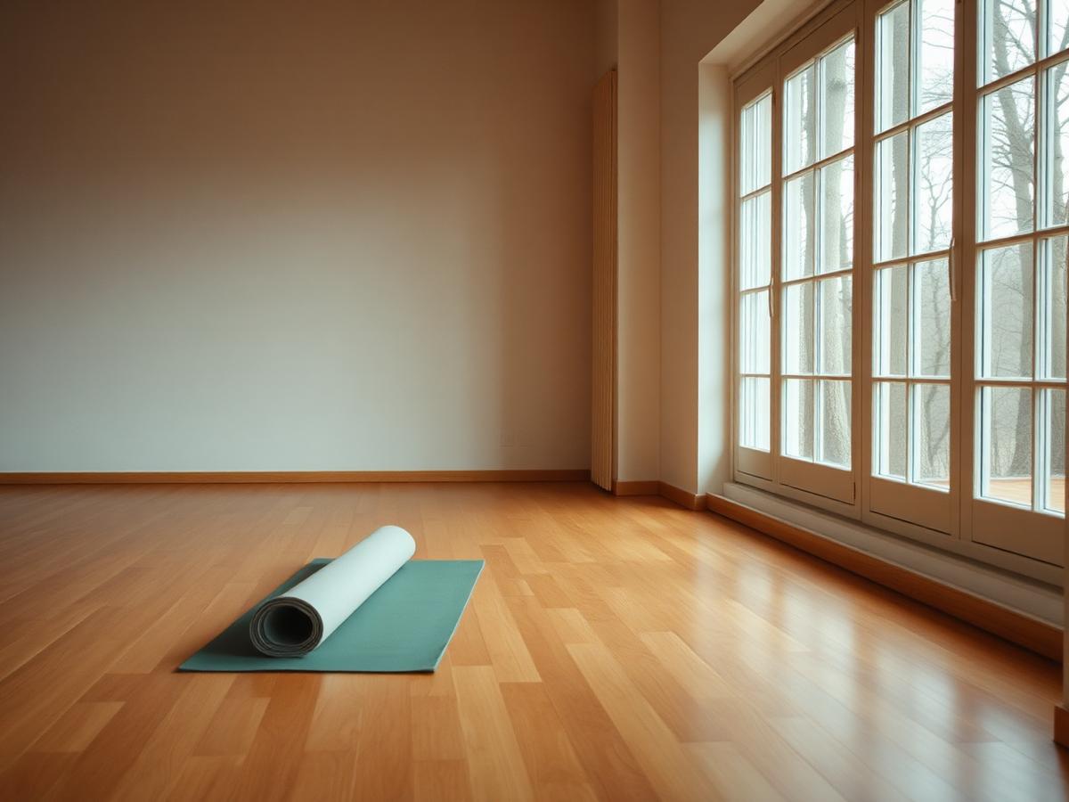 Sala de prática de yoga com chão de madeira e um tapete enrolado junto a janelas altas