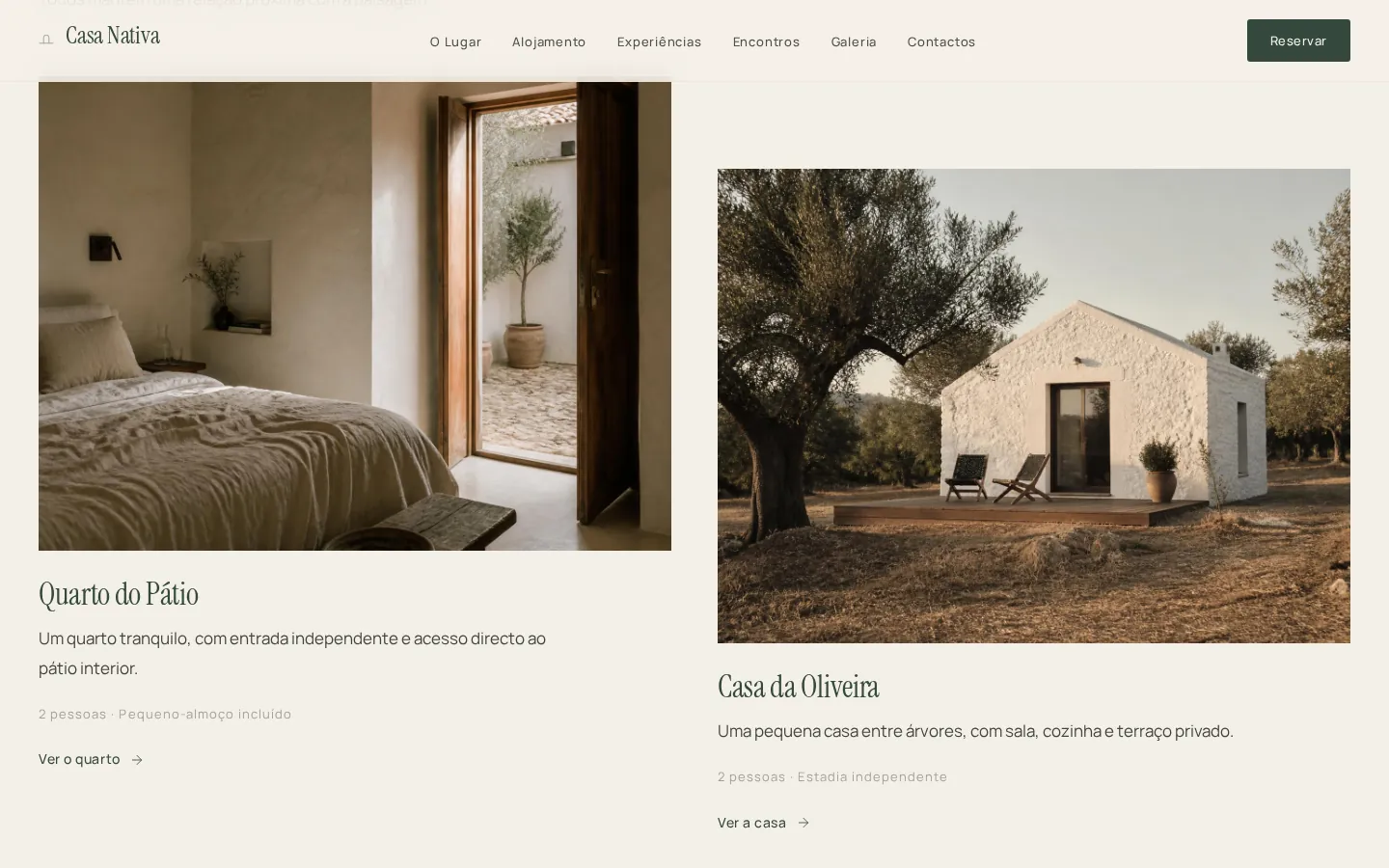Secção com os quartos e casas disponíveis na demonstração Casa Nativa.