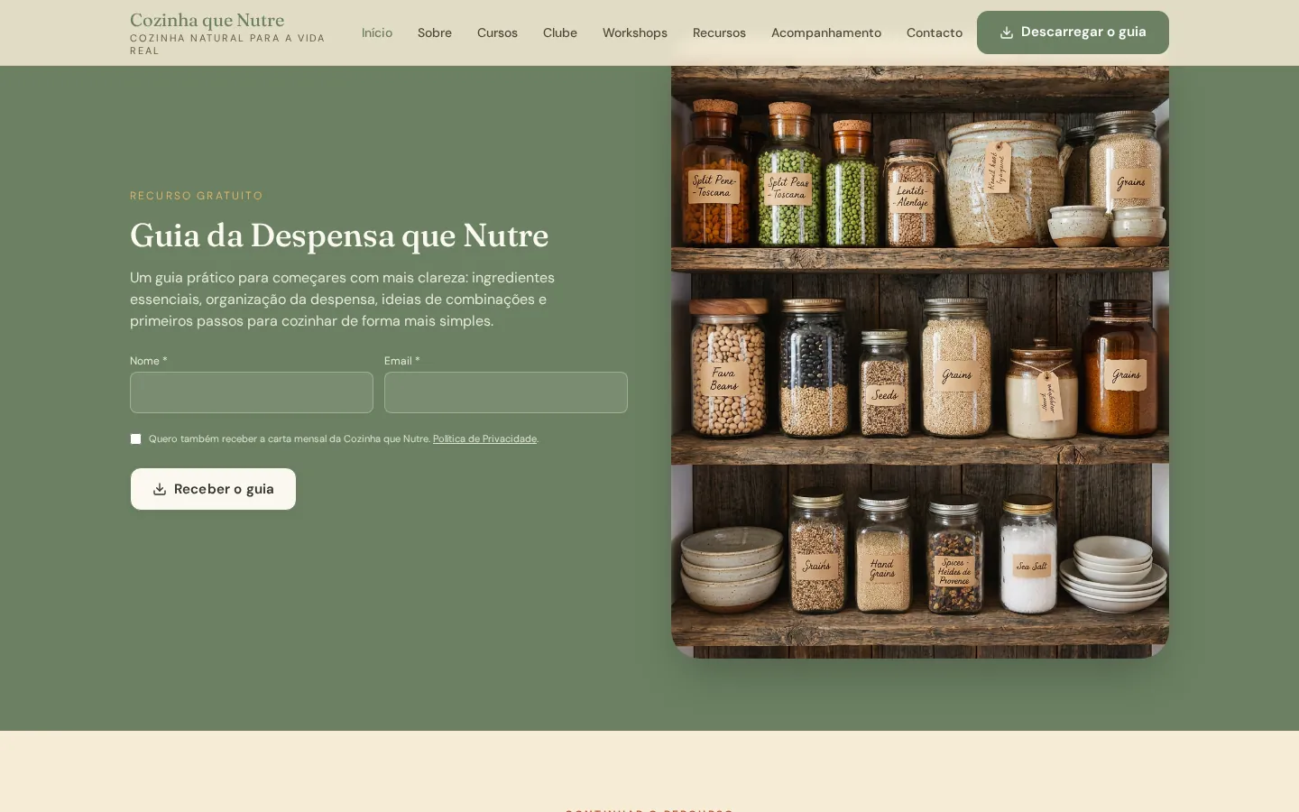 Secção do guia gratuito com formulário de subscrição da demonstração Cozinha que Nutre.