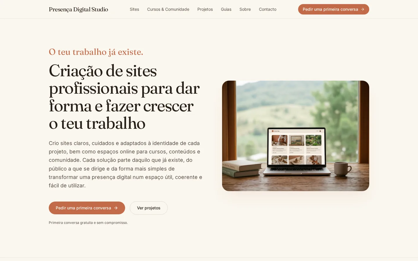 Captura de um site profissional com estrutura clara e tipografia editorial