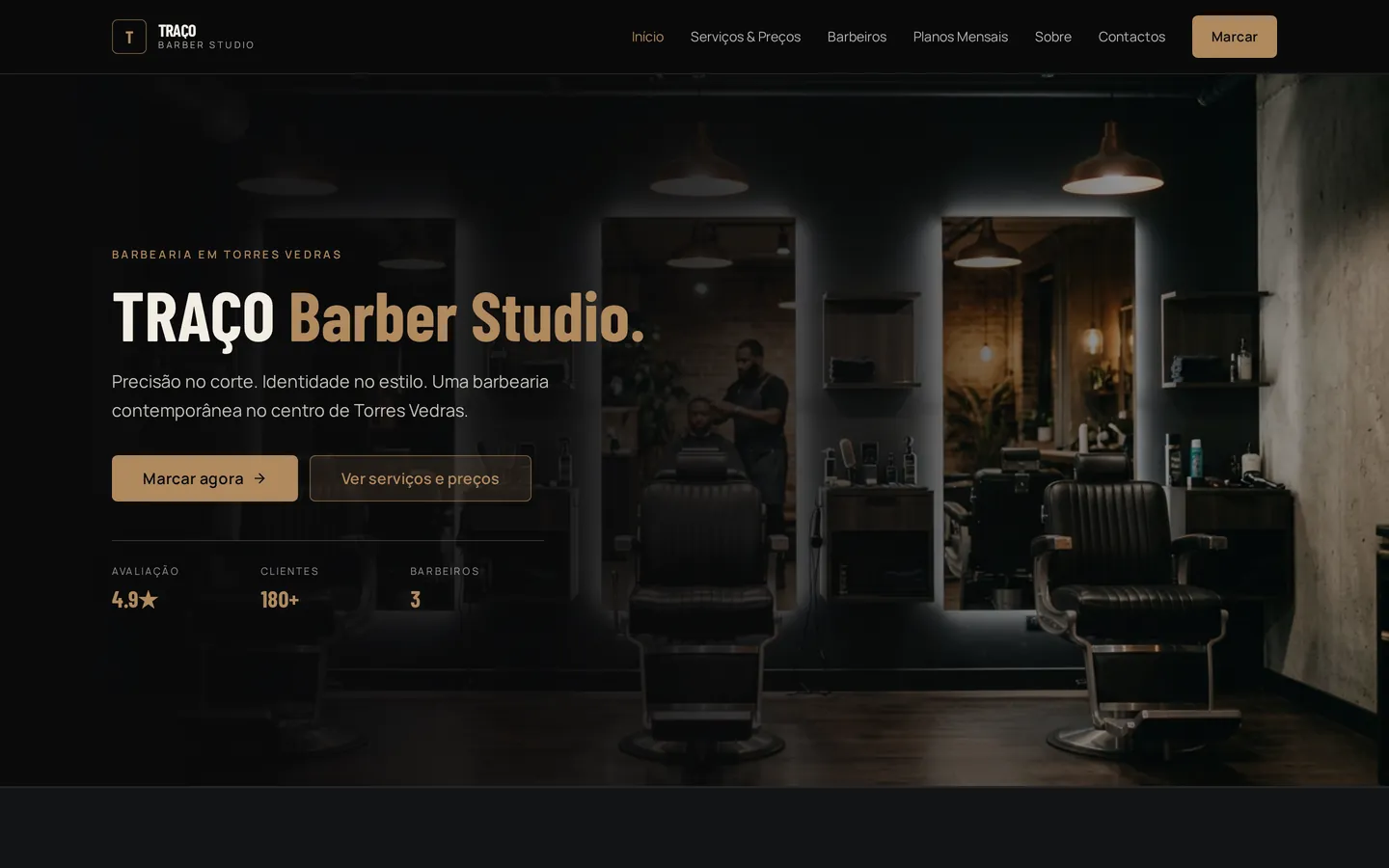 Página inicial da demonstração Traço Barber Studio apresentada num computador.