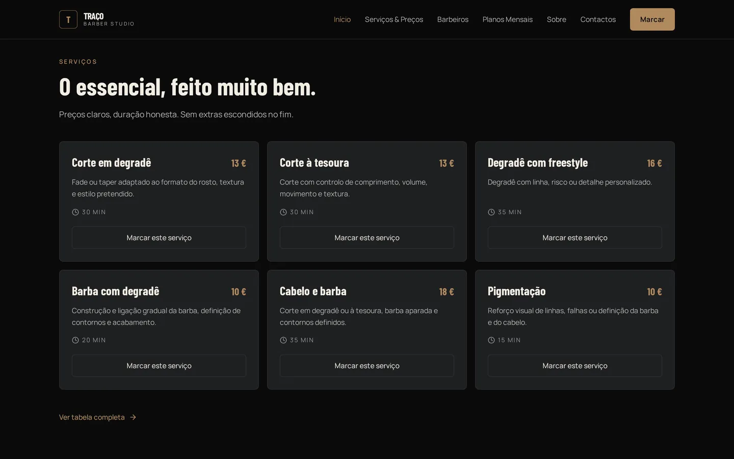 Secção de serviços e preços da demonstração Traço Barber Studio.