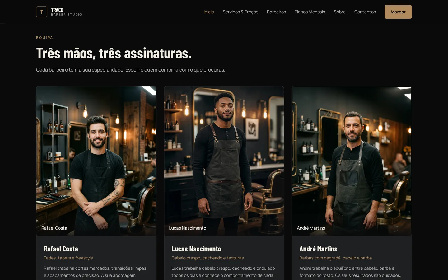 Secção de apresentação da equipa da demonstração Traço Barber Studio.