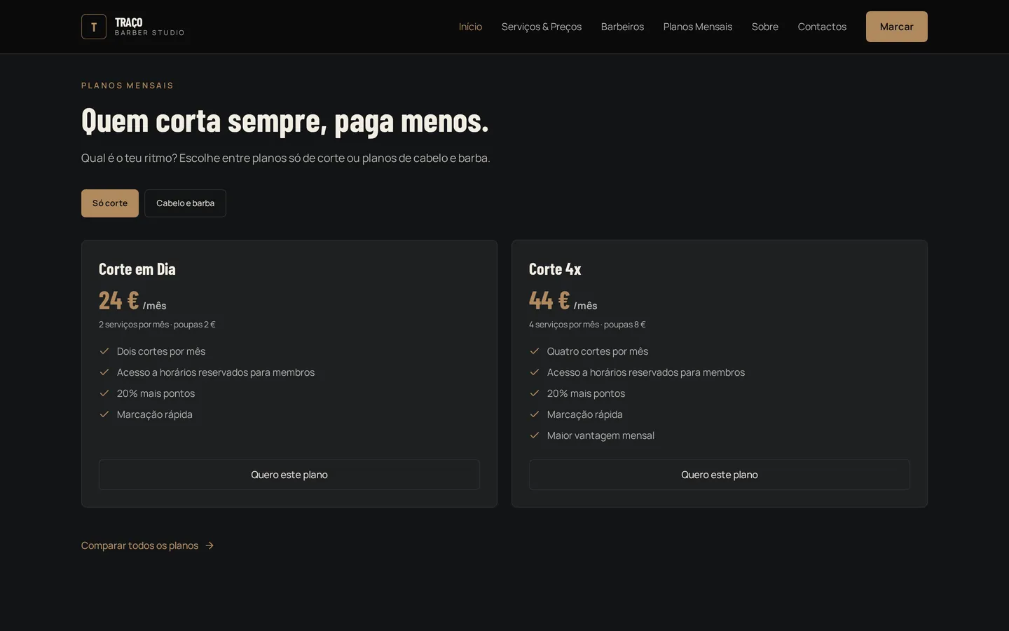 Secção de planos mensais da demonstração Traço Barber Studio.