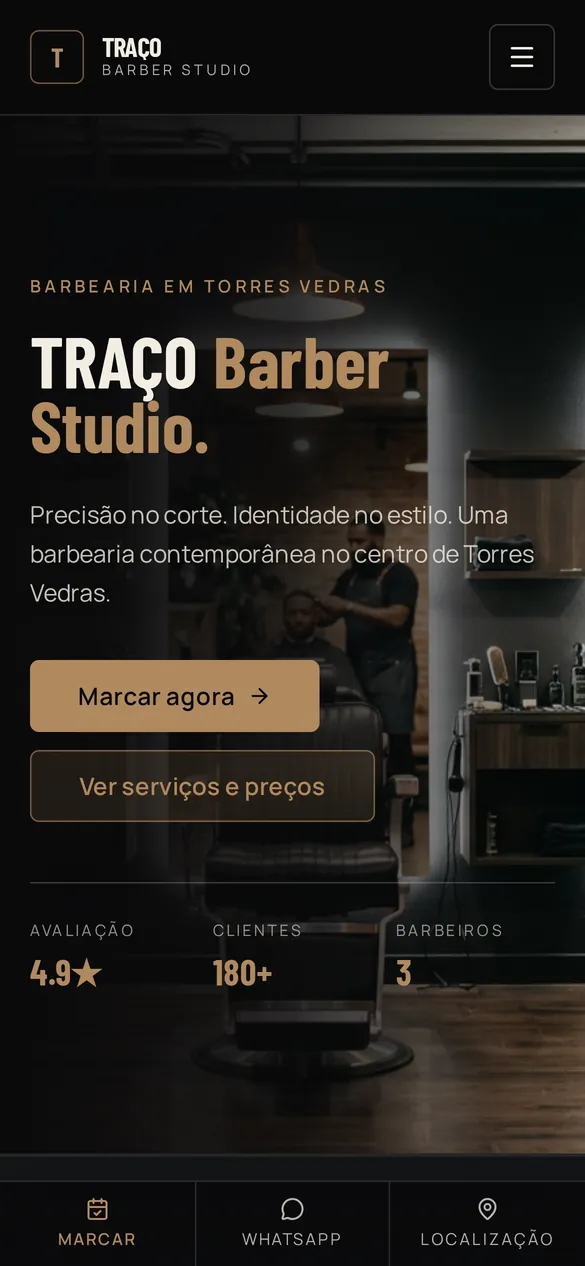 Versão para telemóvel da página inicial da demonstração Traço Barber Studio.