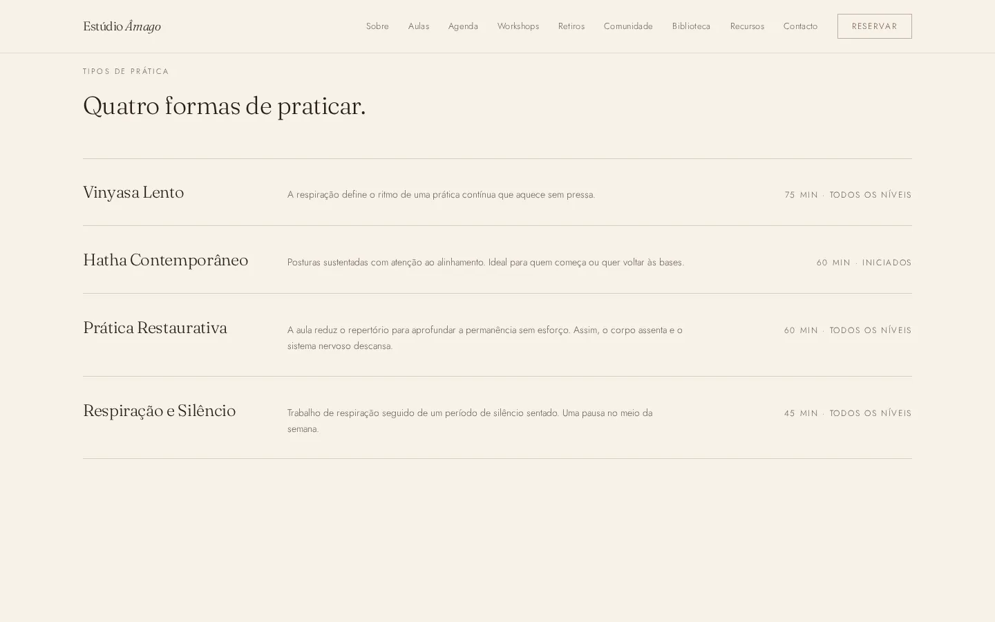 Secção «Quatro formas de praticar» com os tipos de prática da demonstração Estúdio Âmago.